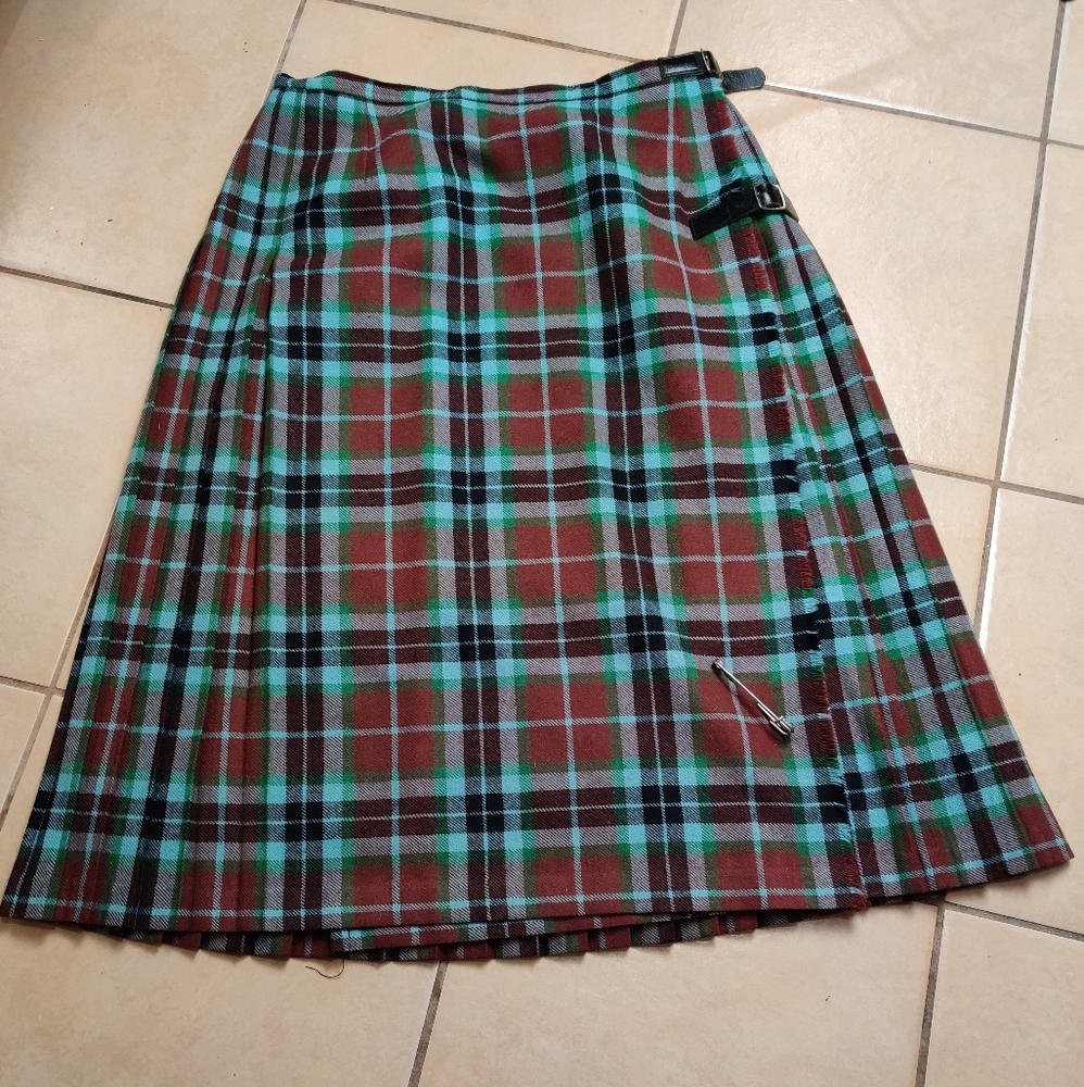 Mosbrook 1960s Pleated Plaid Green Skirt W/Buckles